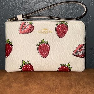 Coach White Strawberry Print Wristlet with Gold Logo